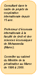 Rectangle  coins arrondis: Consultant dans le cadre de projets de coopration internationale depuis 15 ans.
Professeur dconomie internationale  la facult de droit et des sciences conomiques de Mohammedia (Maroc).
Conseiller au cabinet du Ministre de la privatisation au Maroc de 1998  2000.
